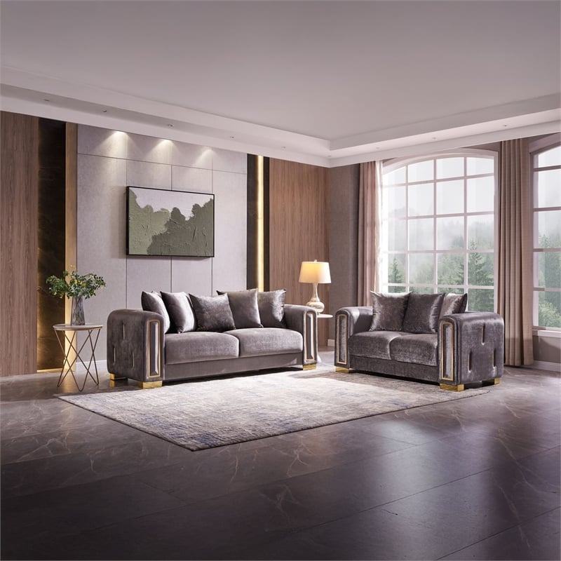 Impreza Thick Velvet Fabric 2Pc Living Room Set Made With Wood in Gray