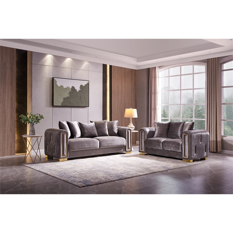 Impreza Thick Velvet Fabric 2Pc Living Room Set Made With Wood in Gray