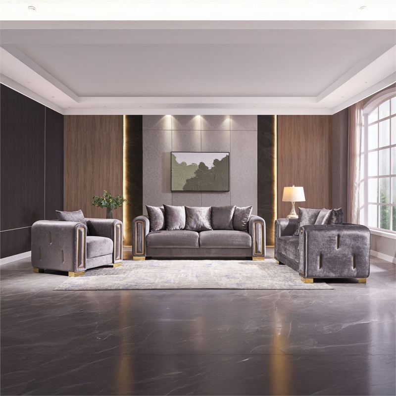 Impreza Thick Velvet Fabric 3PC Living Room Set Made With Wood in Gray