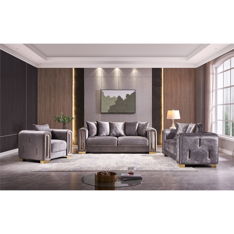 Impreza Thick Velvet Fabric 3PC Living Room Set Made With Wood in Gray