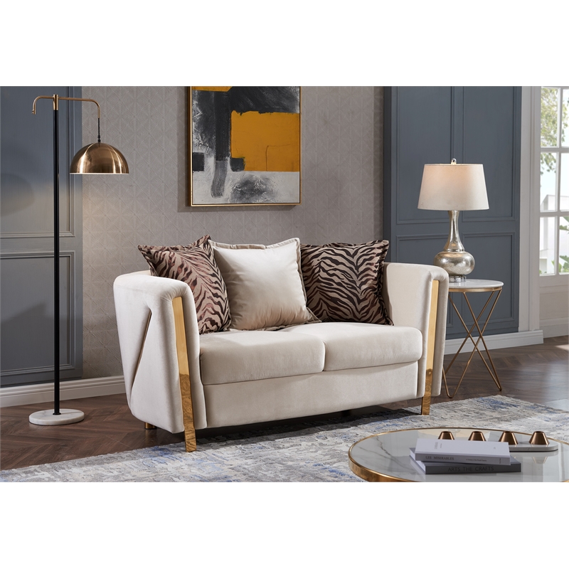 Chanelle Thick Velvet Fabric 3Pc Living Room Set Made With Wood in Beige