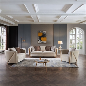 Chanelle Thick Velvet Fabric 3Pc Living Room Set Made With Wood in Beige