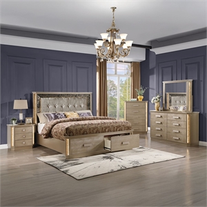 Medusa Modern Style 5Pc Queen Gold Finish Bedroom Set made with Wood