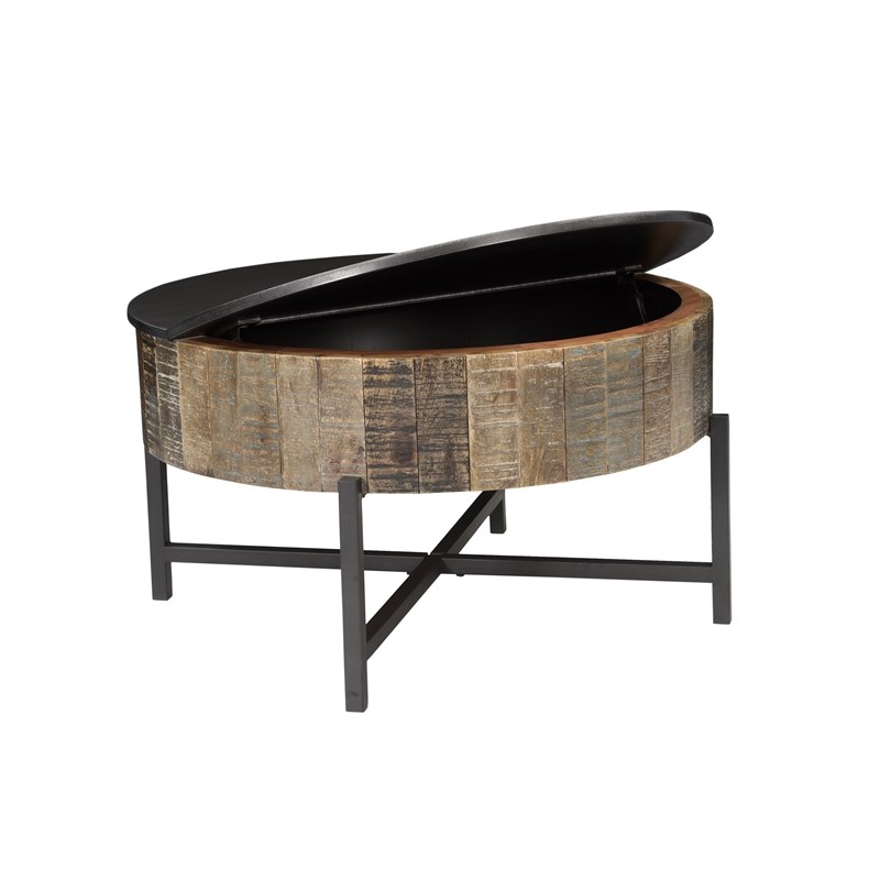 T1216C Round Storage Coffee Table made with Mango Wood in Rustic Vintage