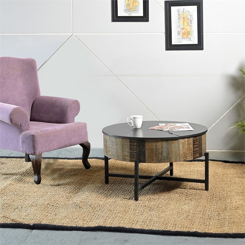 T1216C Round Storage Coffee Table made with Mango Wood in Rustic Vintage