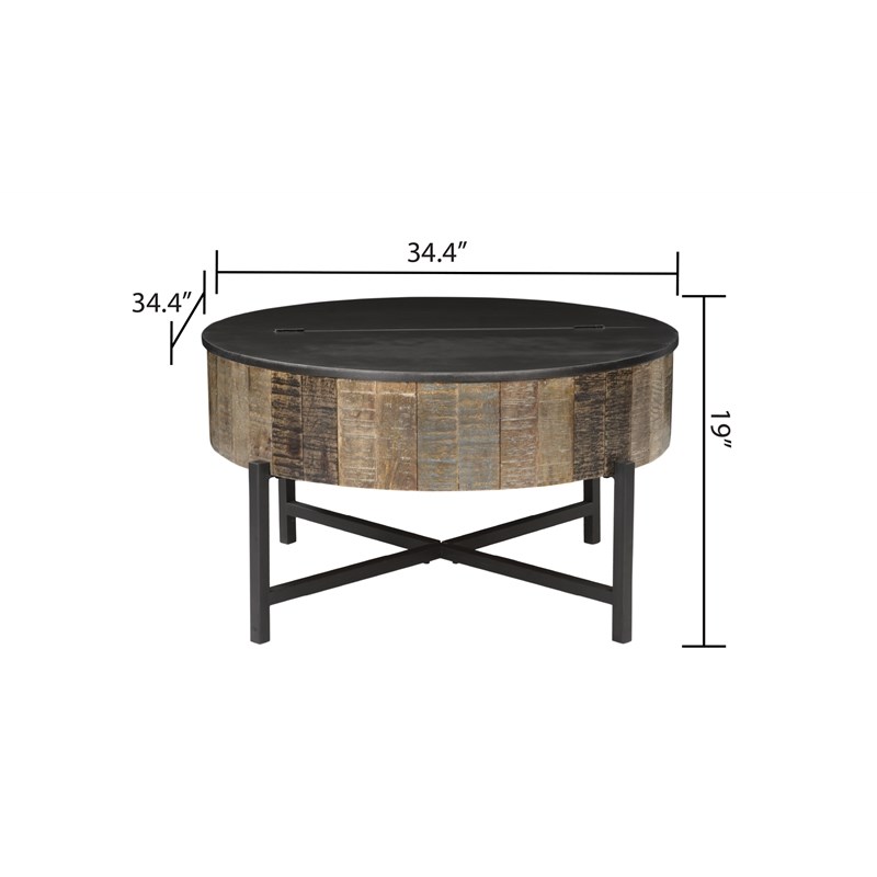 T1216C Round Storage Coffee Table made with Mango Wood in Rustic Vintage