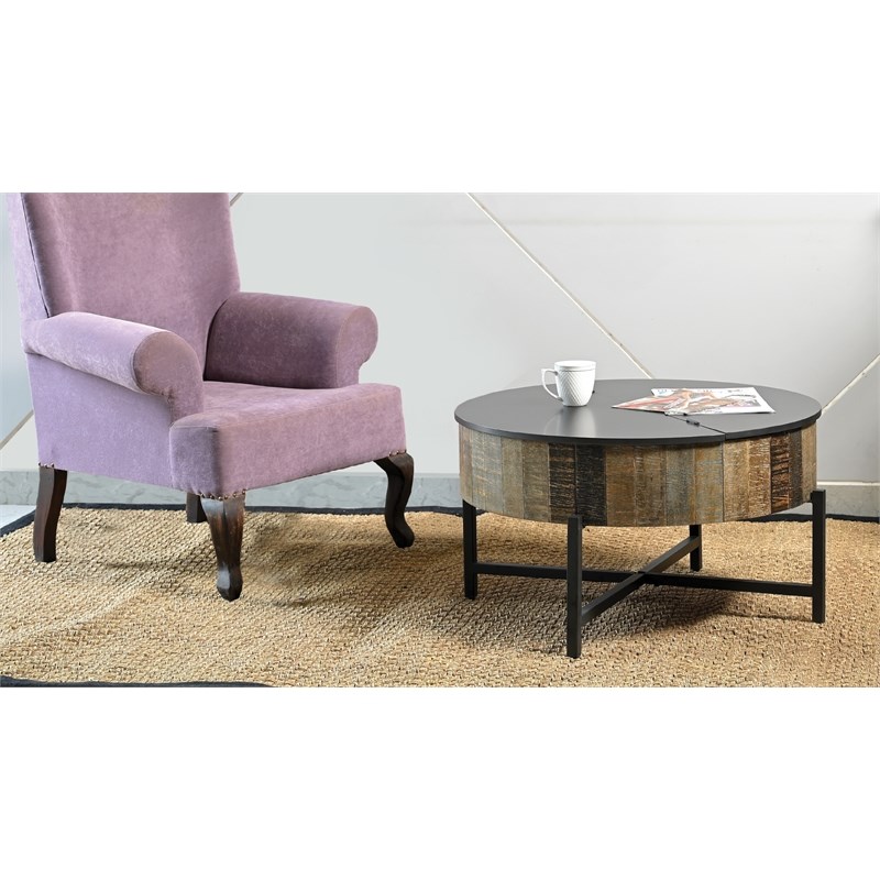 T1216C Round Storage Coffee Table made with Mango Wood in Rustic Vintage