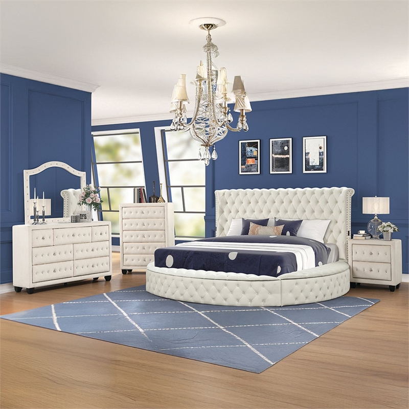 Hazel Queen 5 Pc Tufted Upholstery Bedroom Set Made with Wood in Cream