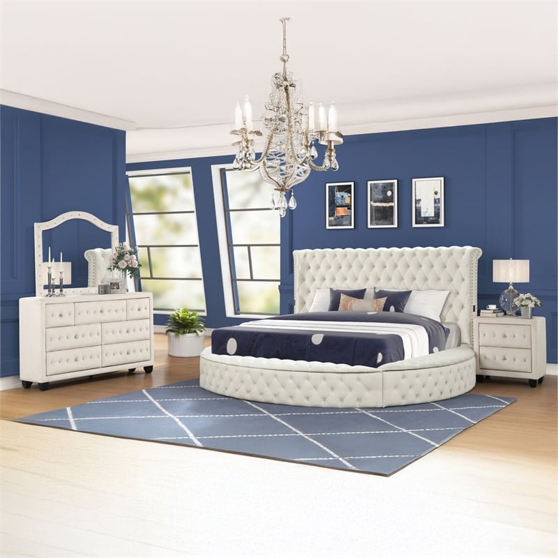 Hazel King 4 Pc Tufted Upholstery Bedroom Set Made with Wood in Cream