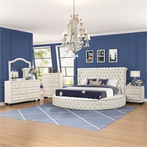 Hazel King 5 Pc Tufted Upholstery Bedroom Set Made with Wood in Cream