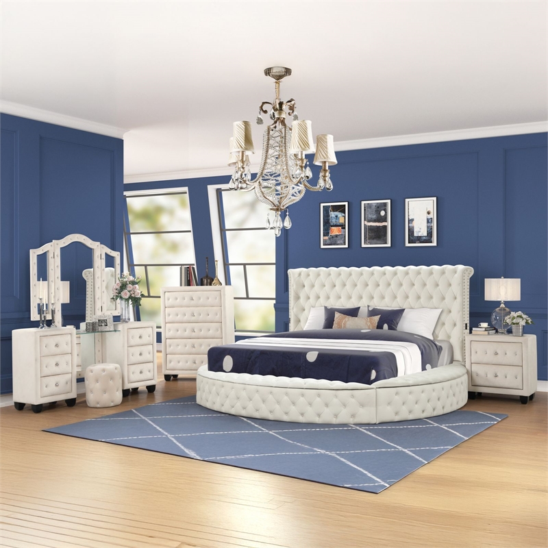 Hazel Queen 5 Pc Tufted Upholstery Vanity Bedroom Set Made with Wood in Cream