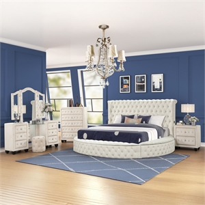 Hazel Queen 5 Pc Tufted Upholstery Vanity Bedroom Set Made with Wood in Cream
