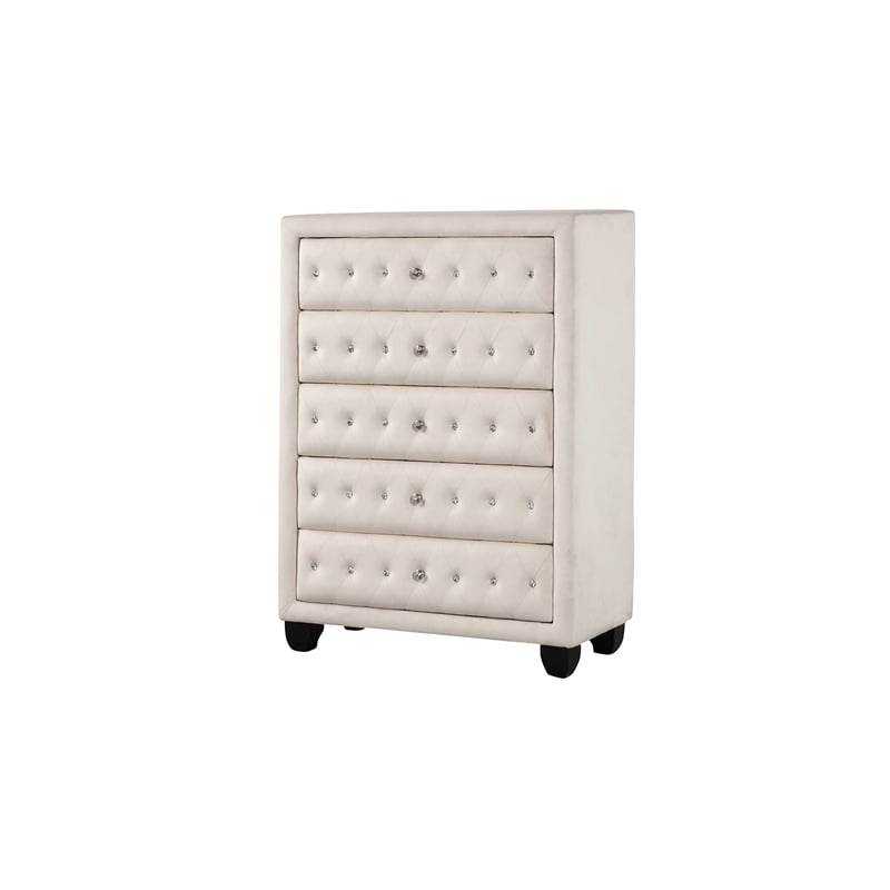 Hazel King 5 Pc Tufted Upholstery Vanity Bedroom Set Made with Wood in Cream