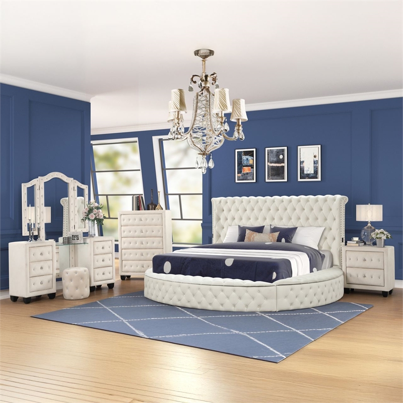 Hazel King 5 Pc Tufted Upholstery Vanity Bedroom Set Made with Wood in Cream
