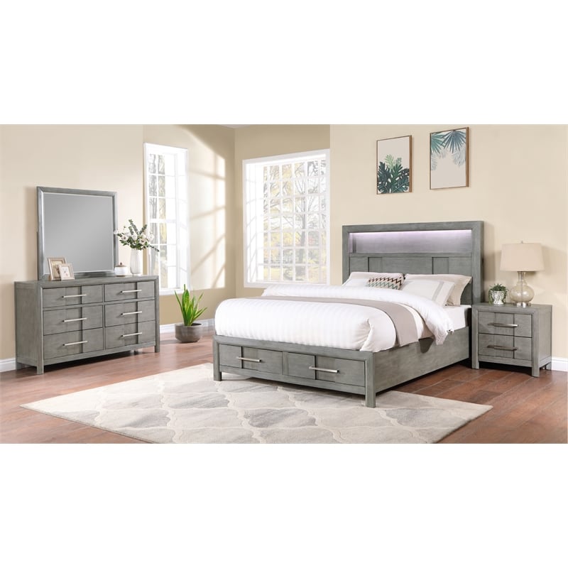 King 4PC Modern Style Bedroom Set Made with Wood in Gray