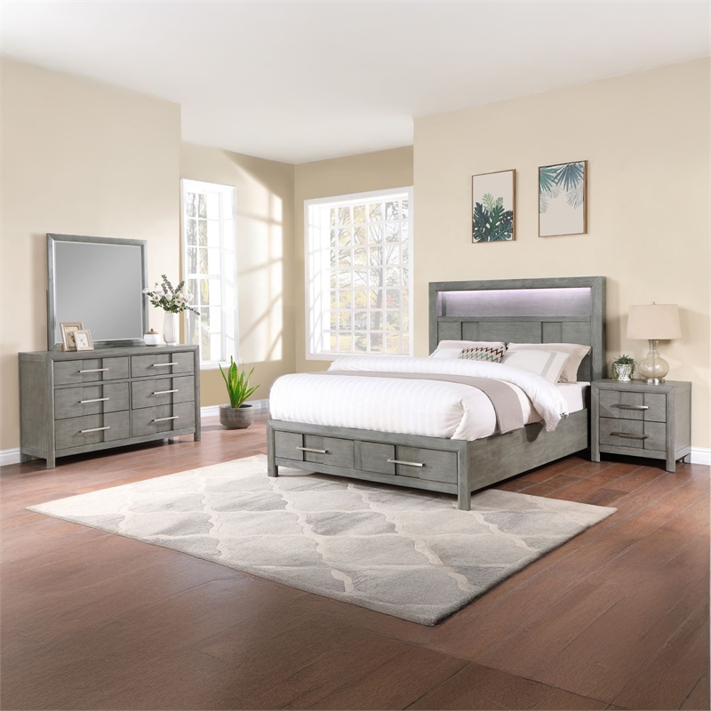 Queen 5PC Modern Style Storage Bedroom Set Made with Wood in Gray