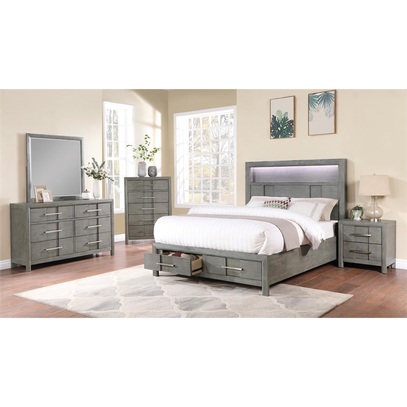 Queen 5PC Modern Style Storage Bedroom Set Made with Wood in Gray
