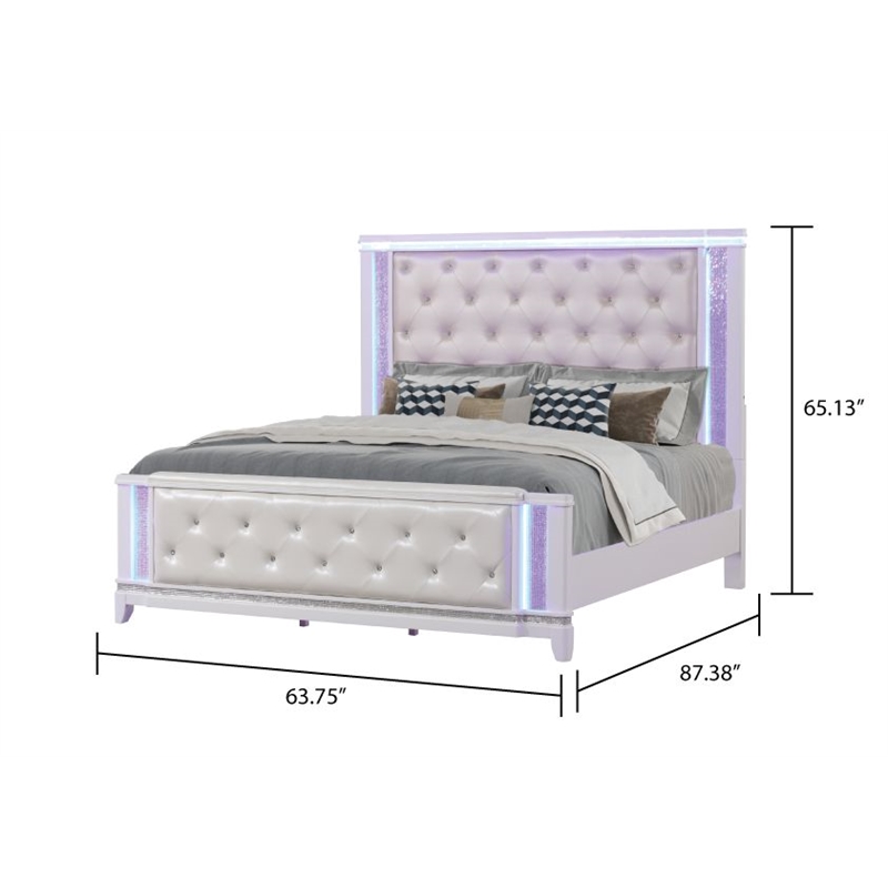 Modern Style Queen Bed Made with Wood & LED Headboard in Milky White