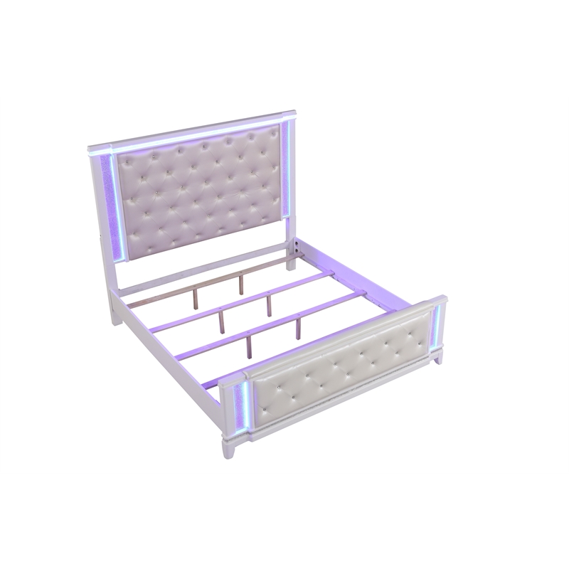 Modern Style Queen Bed Made with Wood & LED Headboard in Milky White