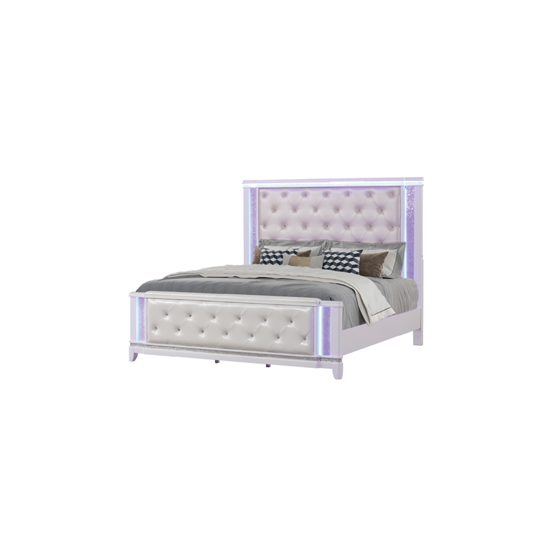 Modern Style Queen Bed Made with Wood & LED Headboard in Milky White