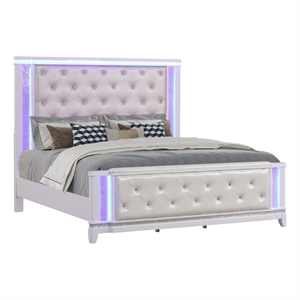 Modern Style King Bed Made with Wood & LED Headboard in Milky White