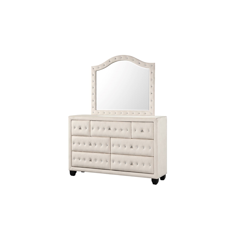 Sophia Crystal Tufted Modern Style Mirror made with Wood in Cream