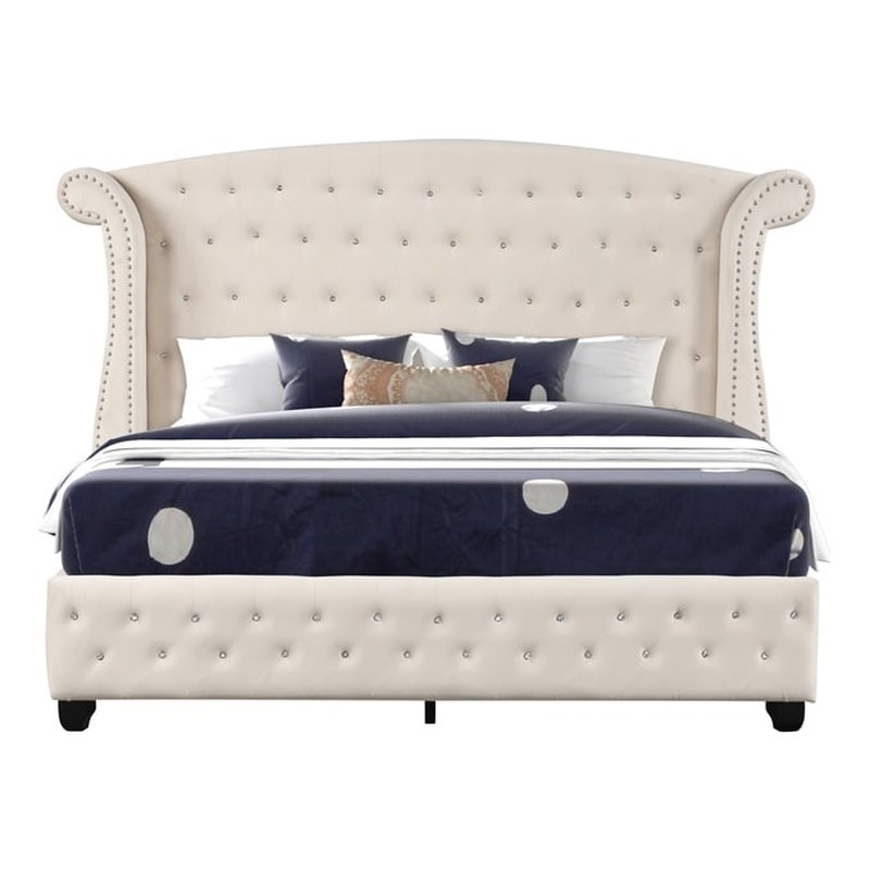 Sophia Crystal Tufted Modern Style King Bed made with Wood in Cream
