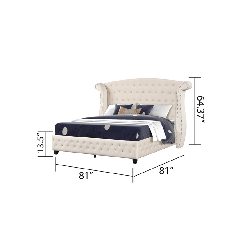 Sophia Crystal Tufted Modern Style King Bed made with Wood in Cream