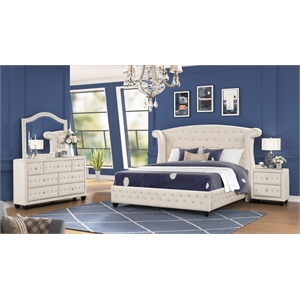 Sophia Crystal Tufted 4PC Full Bedroom Set in Cream made with Wood