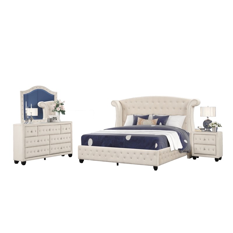 Sophia Crystal Tufted 4PC Queen Bedroom Set in Cream made with Wood