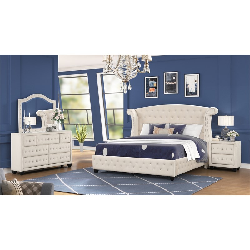 Sophia Crystal Tufted 4PC Queen Bedroom Set in Cream made with Wood