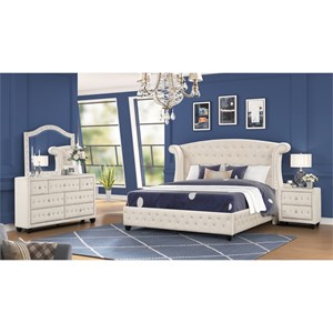 Sophia Crystal Tufted 4PC Queen Bedroom Set in Cream made with Wood