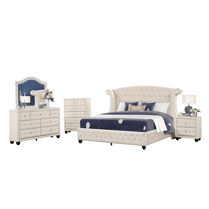 Sophia Crystal Tufted Modern Style 5PC Queen Bedroom Set made with Wood in Cream