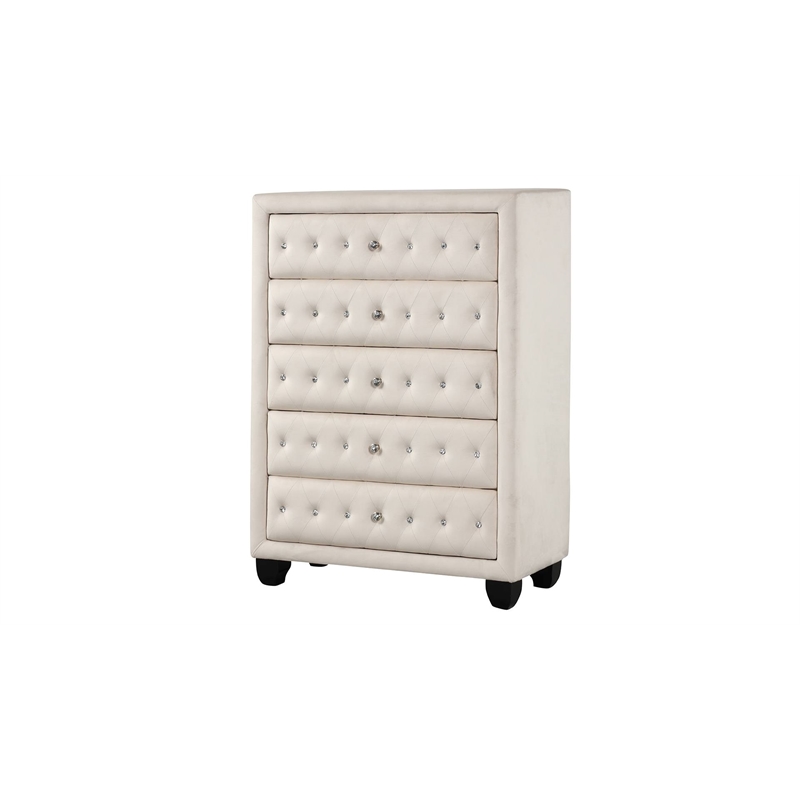 Sophia Crystal Tufted Modern Style 5PC Queen Bedroom Set made with Wood in Cream
