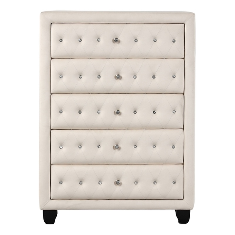 Sophia Crystal Tufted Modern Style 5PC King Bedroom Set made with Wood in Cream