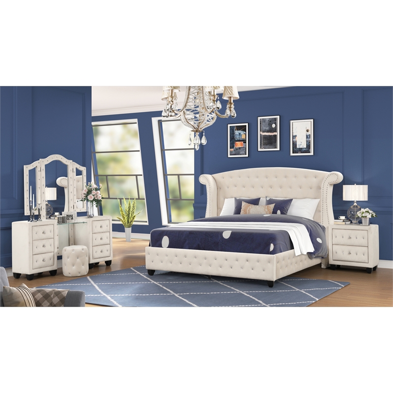 Sophia Crystal Tufted 4PC Vanity Queen Bedroom Set in Cream made with Wood
