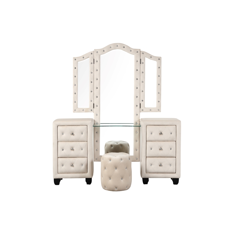 Sophia Crystal Tufted 4PC Vanity Queen Bedroom Set in Cream made with Wood