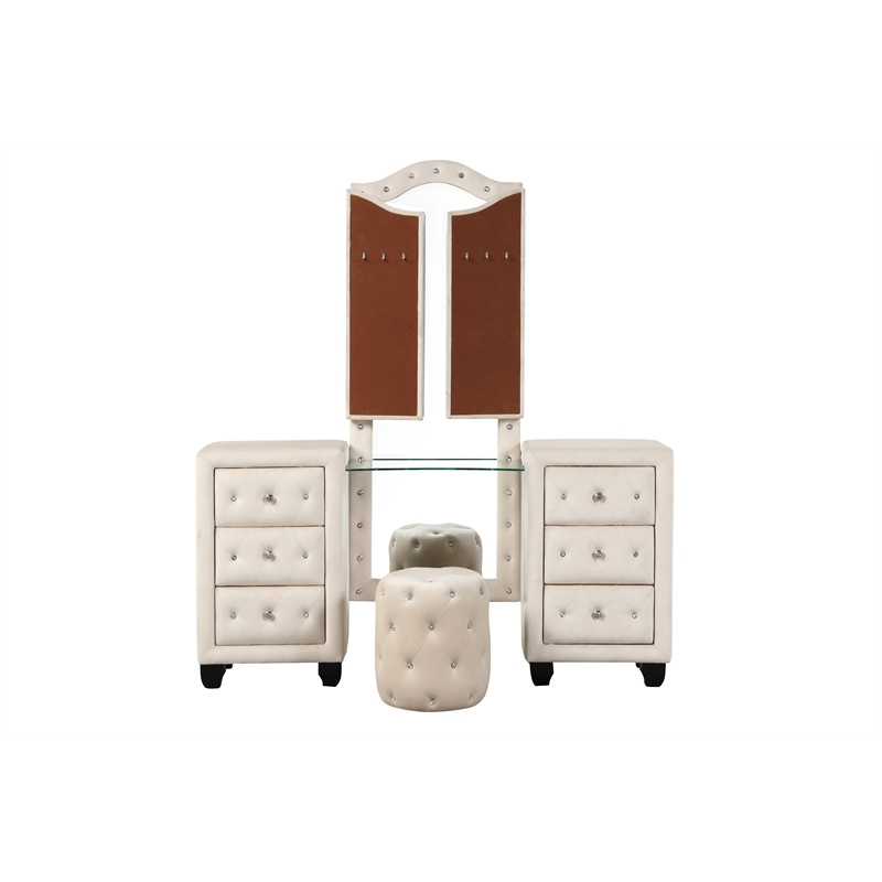 Sophia Crystal Tufted 4PC Vanity Queen Bedroom Set in Cream made with Wood
