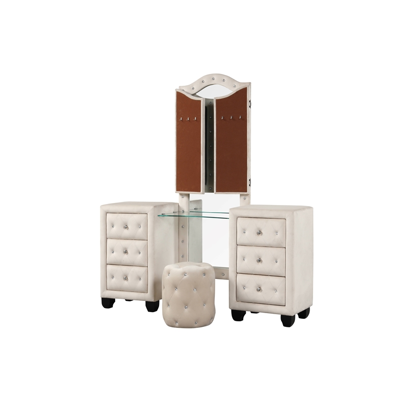 Sophia Crystal Tufted 4PC Vanity King Bedroom Set in Cream made with Wood