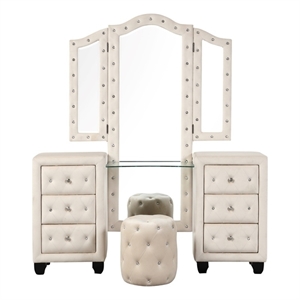 Sophia Crystal Tufted Modern style Vanity Set made with Wood in Cream