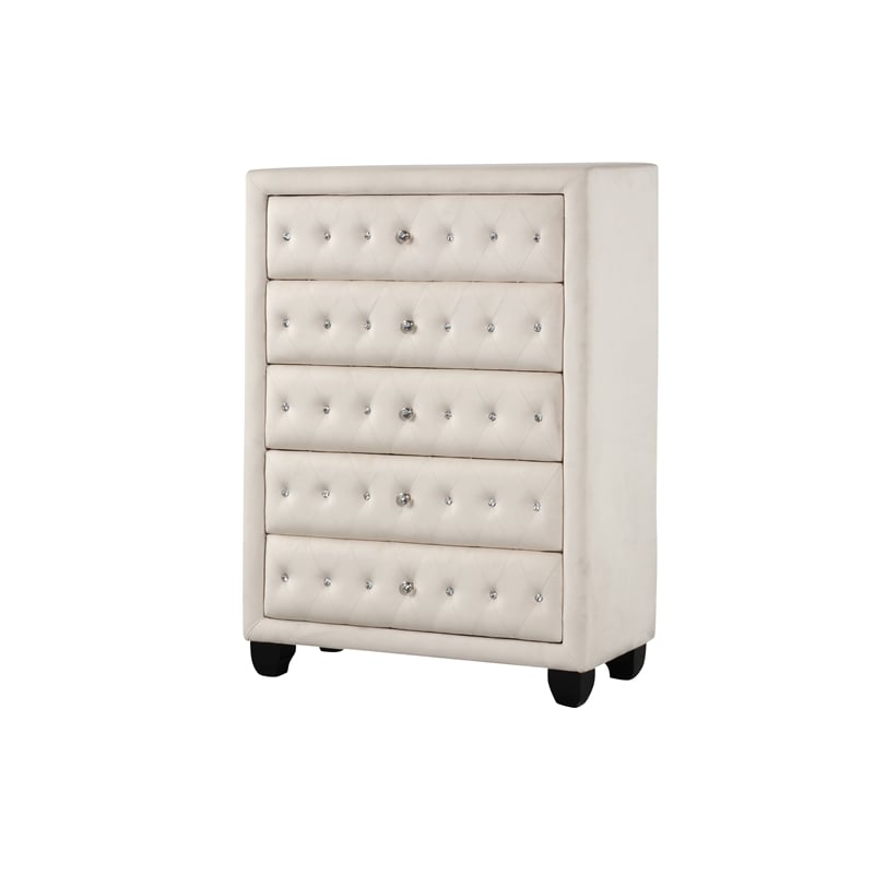 Sophia Crystal Tufted Modern style 5-Drawer Chest made with wood in Cream