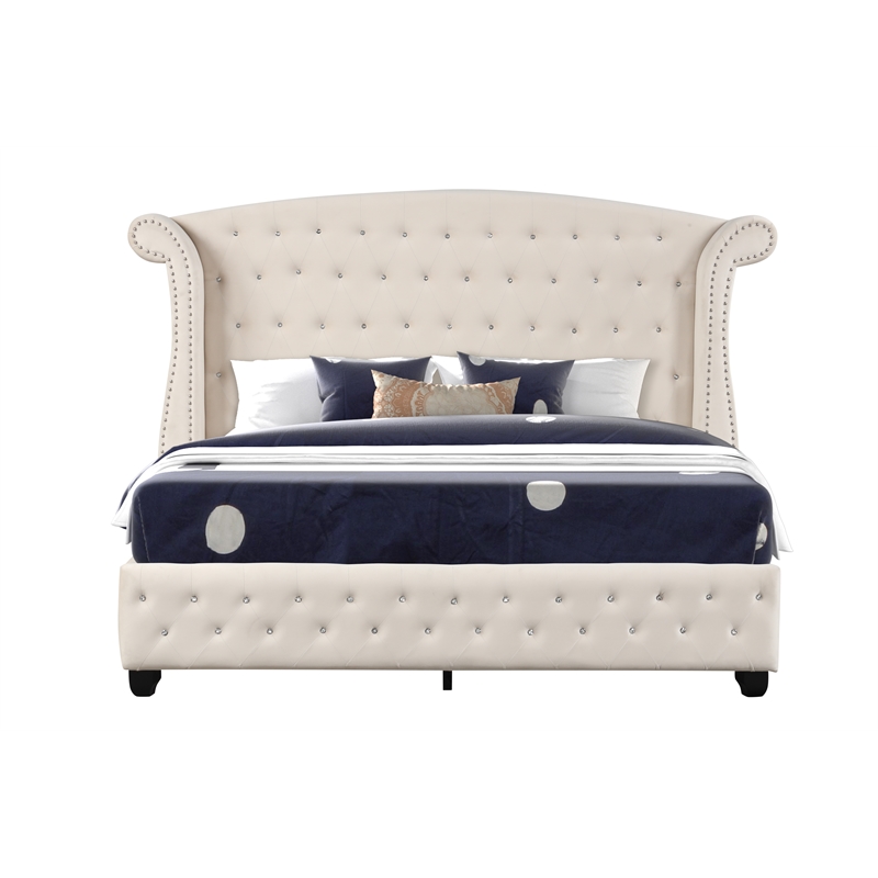 Sophia Crystal Tufted Modern Style Queen Bed made with Wood in Cream