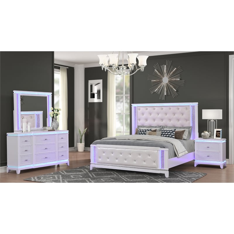 Modern Style Queen 4PC Storage Bedroom Set Made with Wood in Milky White