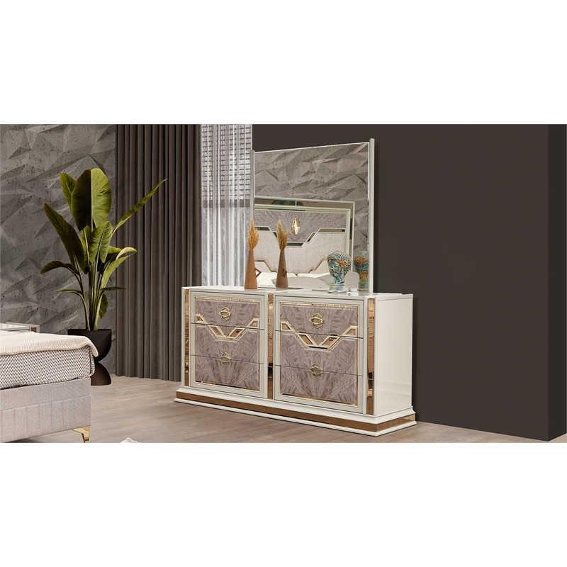 Omary Traditional Style Mirror with gold Accent made with Wood in Beige