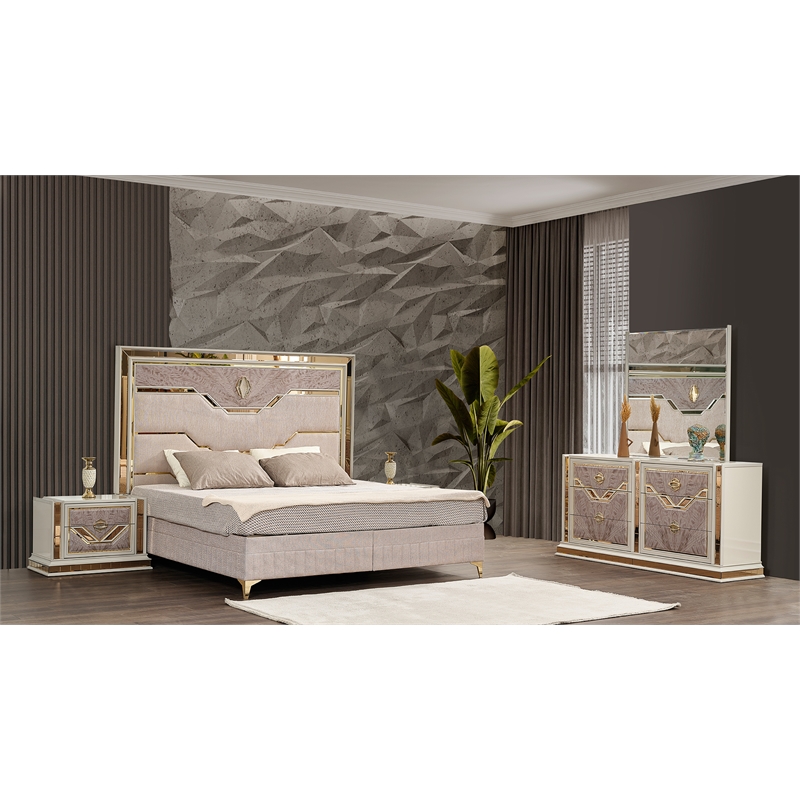 Omary Traditional Style Mirror with gold Accent made with Wood in Beige