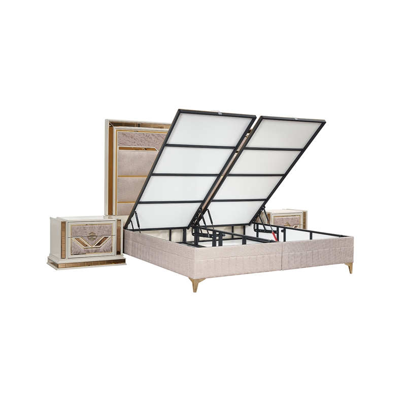 Omari Traditional Style Queen Size Bed with gold Accent made with Wood in Beige