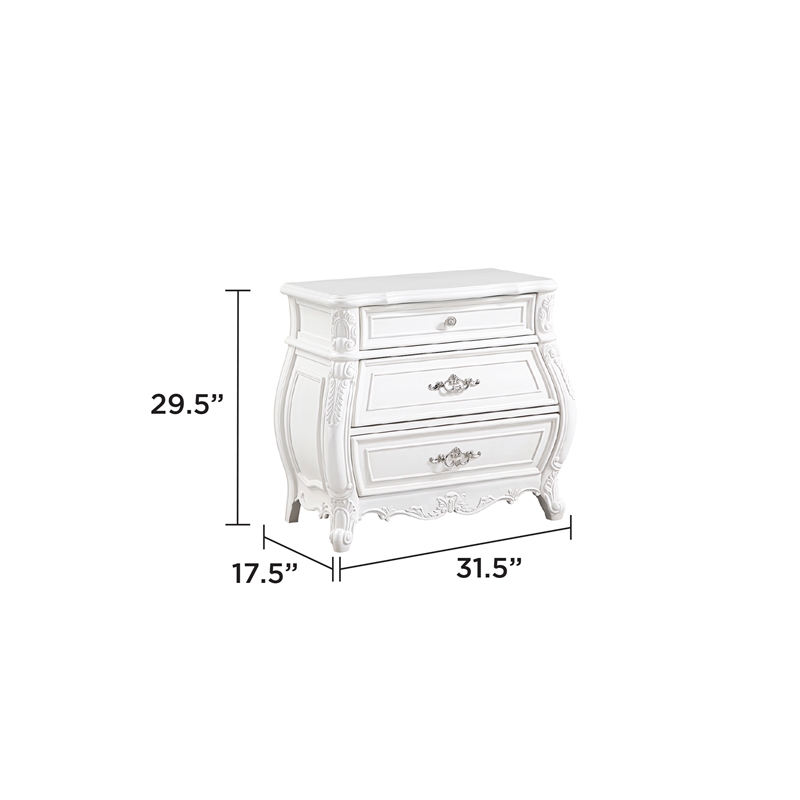 Opulence Traditional Style 3-Drawer Nightstand Made With Wood in Pearl White