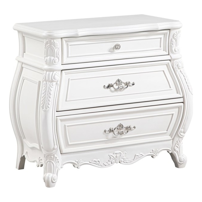 Opulence Traditional Style 3-Drawer Nightstand Made With Wood in Pearl White