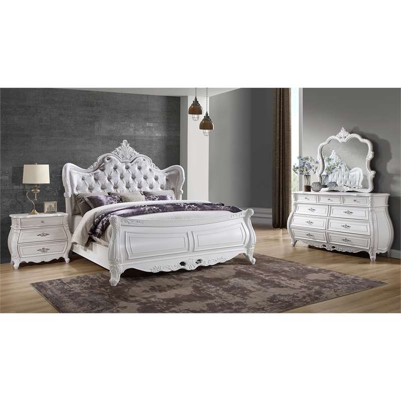 Opulence Traditional Style Queen 4PC Bedroom Set Made With Wood in Pearl White