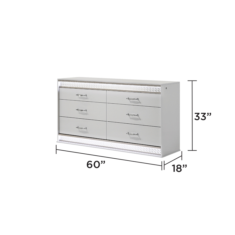 Glam Modern Style 6-Drawer Dresser Made With Wood & inbuilt LED in White color
